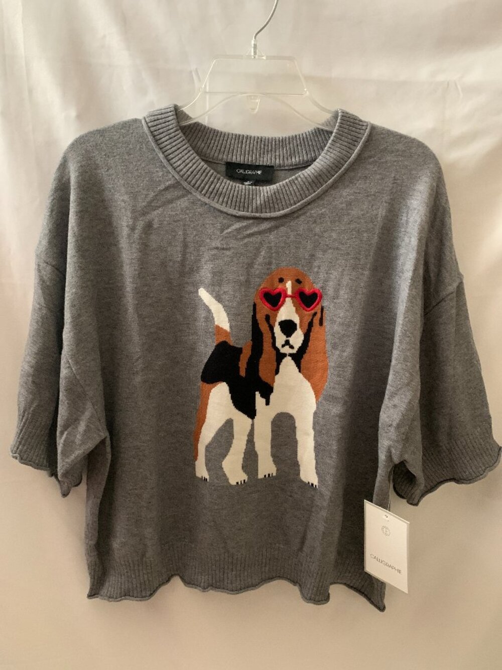 CALLIGRAPHIE FOR ANTHROPOLOGIE Beagle Knit Short Sleeve Sweater Sz LARGE